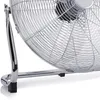 A close-up view of the base and lower part of a chrome floor fan. Produktbild-Vorschau
