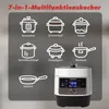 A collage of icons representing different cooking functions of a multi-cooker, with the multi-cooker itself shown in the foreground. Produktbild-Vorschau