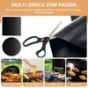 A collage showing BBQ grill mats being cut with scissors and used on various types of grills and in an oven. Produktbild-Vorschau