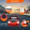 A red toy car bed is shown on a race track with various callouts highlighting its features. Produktbild-Vorschau
