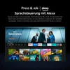 A television screen displaying a streaming service interface with various show thumbnails and app logos, alongside promotional text about voice control. Produktbild-Vorschau