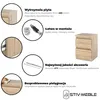 Collage of images and text highlighting features of a wooden nightstand. Podgląd zdjęcia produktu