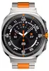 A smartwatch with a silver and orange band and a digital display showing time, date, weather, and fitness metrics. Náhled obrázku produktu