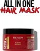 A jar of Revlon Uniq One Hair Mask is shown against a white background. Text overlays describe the product and its benefits. Podgląd zdjęcia produktu