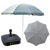 A patio umbrella, its base, and a folded umbrella are displayed against a white background. Produktbild-Vorschau