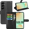 A black flip case for a Samsung Galaxy S25 FE phone is shown, with the phone inside and cards and cash inserted into the case. Produktbild-Vorschau