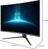 A curved gaming monitor with a futuristic graphic on its screen, displayed on a stand. Produktbild-Vorschau
