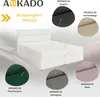 A boxspring bed with swatches of different fabric colors shown around it. Produktbild-Vorschau