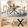 A collage showing a round dining table with chairs in a dining room setting, a close-up of the tabletop, and a close-up of the table legs. Produktbild-Vorschau