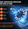A close-up of an electric motor with glowing blue energy lines, accompanied by text describing high-temperature protection features. Produktbild-Vorschau