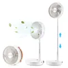 A collage of a white portable telescopic fan in different configurations, including one showing airflow with leaves. Náhľad obrázku produktu