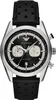 A close-up studio shot of an Emporio Armani analog watch with a black leather strap and a black dial. Voir les images du produit