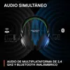 A pair of headphones is shown with graphics illustrating wireless connectivity and compatibility with various devices. Produktbild-Vorschau