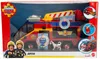 A toy fire truck, 'Jupiter', from Fireman Sam, is displayed in its retail packaging. The packaging shows the toy, figures of characters, and a dog. There are also inset images highlighting features like lights and sound. Produktbild-Vorschau