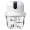 A white electric food chopper with a clear glass bowl and stainless steel blades, shown against a white background. Produktbild-Vorschau