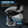 Close-up of a gaming chair's armrest and seat, with text overlays highlighting features. Produktbild-Vorschau
