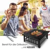 A group of people are enjoying a barbecue in a backyard setting, with a KESSER fire pit and grill in the foreground. Produktbild-Vorschau