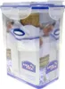A clear plastic food storage container with a blue lid, filled with white powder, likely flour. Produktbild-Vorschau