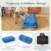 A collage showing a person folding a blue mattress, a folded mattress, a rolled-up mattress, and a black storage bag. Produktbild-Vorschau