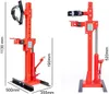 Two views of a red hydraulic spring compressor tool, with dimensions indicated. Anteprima dell’immagine prodotto