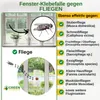 Collage of images showing a window with a fly, a close-up of a fly, and a fly trap on a window. There is also text listing different types of flies and the effectiveness of the trap. Produktbild-Vorschau