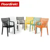 Multiple colorful plastic chairs arranged in a row on a white background. Voir les images du produit