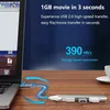 A USB C hub connected to a laptop, with marketing text highlighting its speed. Produktbild-Vorschau