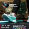 A person's foot wearing a sneaker is stepping onto a treadmill with LED lights. A close-up of a fitness tracker is shown in a circle. Produktbild-Vorschau