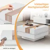 A collage of images showing a white coffee table with wood accents, demonstrating its protective film and ease of cleaning, along with a lifestyle shot of the table in a living room setting. Voir les images du produit