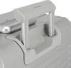 Close-up of the handle and top section of a silver trolley suitcase. Produktbild-Vorschau