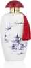 A white perfume bottle with blue oriental-style artwork and a red tassel. Produktbild-Vorschau