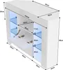 A white, glossy TV stand with internal LED lighting is shown with dimensions and measurements overlaid. Voir les images du produit