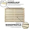 A wooden raised garden bed with descriptive text and close-up views of its features. Produktbild-Vorschau