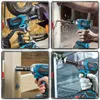 Collage of four images showing a cordless impact wrench being used for various tasks. Voir les images du produit