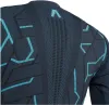 Close-up view of the back of a dark blue long-sleeved shirt with teal geometric patterns and a small teal logo. Podgląd zdjęcia produktu