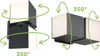 Two views of a modern, cube-shaped outdoor light fixture, with green arrows indicating 350-degree rotation and a label showing '350°'. Anteprima dell’immagine prodotto