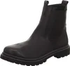 A black leather chelsea boot is shown against a white background.