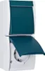 A white and teal electrical outlet with two protective covers. Produktbild-Vorschau