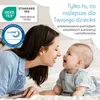A mother and baby looking at each other with a background containing product certifications and marketing text. Produktbild-Vorschau