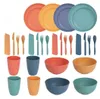 A collection of colorful plates, bowls, cups, and cutlery arranged in rows against a white background. Produktbild-Vorschau