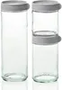 Two glass canisters with gray lids are shown against a white background. One canister is taller and stands alone, while the other is shorter and stacked on top of another identical shorter canister. Produktbild-Vorschau
