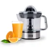 A product shot of an electric juicer with a glass of orange juice and oranges next to it. Produktbild-Vorschau