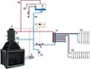 Diagram of a heating system with a fireplace insert, boiler, pump, expansion tank, control unit, and radiators. Podgląd zdjęcia produktu