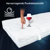 A hand pressing down on a mattress next to a glass of red wine, with stars in the background. Produktbild-Vorschau