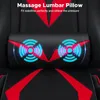 Close-up of a black and red gaming chair's lumbar pillow with glowing blue massage indicators. Náhled obrázku produktu