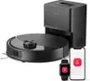 A black robot vacuum cleaner with its charging dock and two smart devices (a smartphone and a smartwatch) are displayed against a white background. Produktbild-Vorschau
