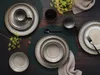 A table setting with plates, bowls, cups, and cutlery, arranged on placemats and a wooden table, with some greenery in the background. Produktbild-Vorschau