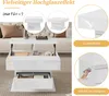 A white high-gloss coffee table with a lift-top and drawers, shown in a living room setting and with close-up feature highlights. Produktbild-Vorschau