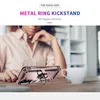 A person is holding a rose gold phone case with a metal ring kickstand on a wooden table. Produktbild-Vorschau