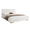 A white upholstered bed with a headboard and bedding, shown against a white background. Produktbild-Vorschau